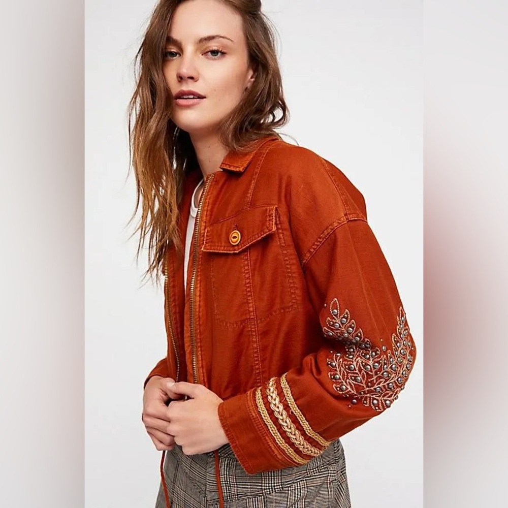 Free People‎ Burnt Orange Cropped Studded Military Jacket Sz. M - Picture 3 of 10
